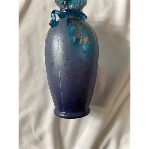 Handmade Blue & Gold Art Glass Vase With Textured Design - Decorative Accent Pie - Picture 12 of 14